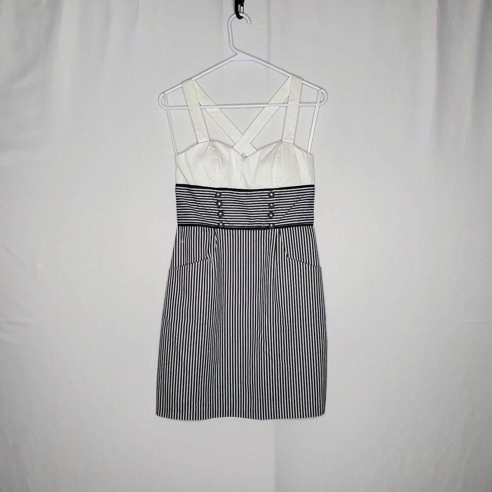 BCX Pinstripe Empire Dress Juniors 5 Retro Pinup Built-in Padded Nautical Preppy